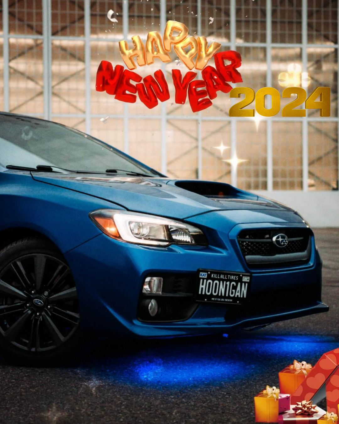 Happy New Year 2024 Blue Car Parked In A Garage Background For Photo   Happy New Year 2024 Blue Car Parked In A Garage Background For Photo Sdnckxuymu 